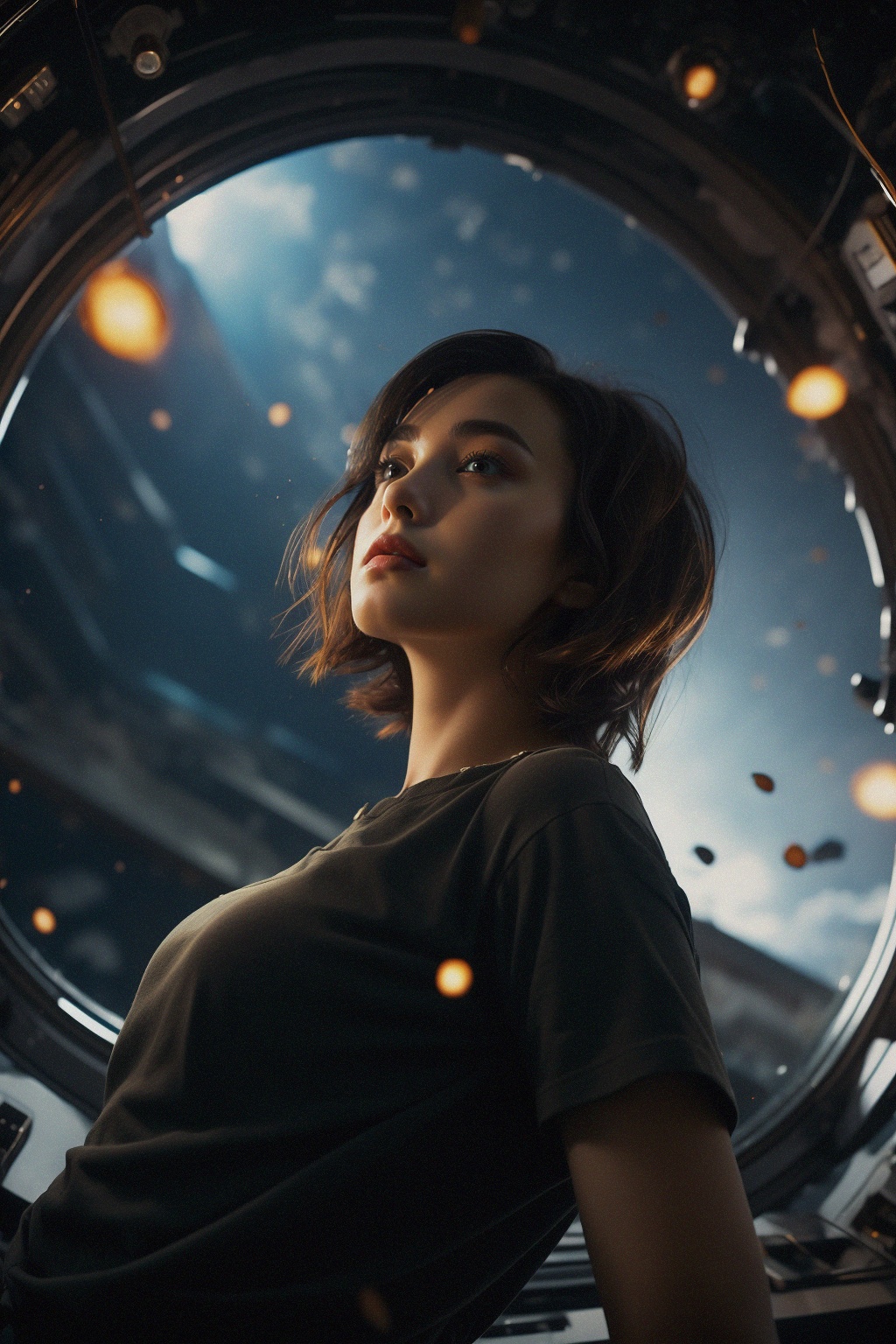 A girl with short hair,Wide Angle,Low Angle,shenkong,light particles,<lora:shenkong-000008:0.7>,