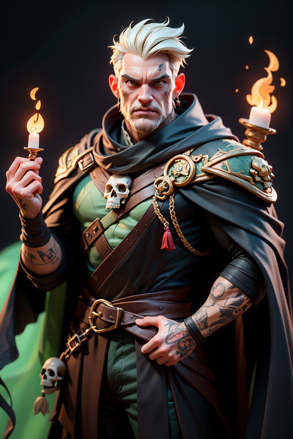 Best quality, masterpiece, ultra high res,detailed background,realistic,hadesstyle,solo,male,mature,bara,muscular,mature male,short hair,facial hair,wizard,necromancer,skull,green fire,horror \(theme\),dark fantasy,evil,cape,depth of field