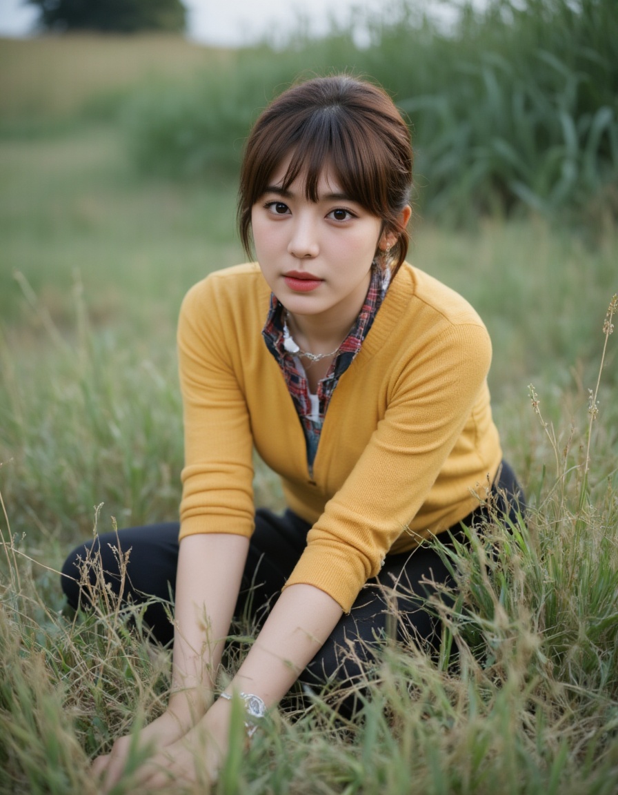 The image is a portrait of a young woman sitting in a field of tall grass. She is wearing a yellow sweater with a plaid scarf around her neck and black pants. Her hair is styled in a short bob with bangs and she is looking directly at the camera with a serious expression. The background is blurred, but it appears to be a grassy field with tall grasses and bushes. The overall mood of the image is peaceful and serene. <lora:古力娜扎flux-lora-000008:1>,