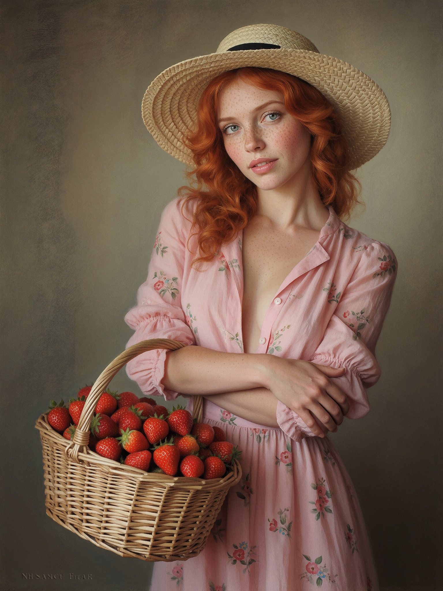 Sean Archer style,  girl with a basket of strawberries in a summer garden,  freckles and flushed cheeks on Tensor.Art