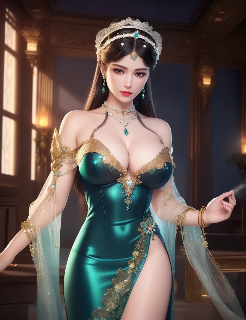 ultra realistic 8k cg, picture-perfect face, flawless, clean, masterpiece, professional artwork, famous artwork, cinematic lighting, cinematic bloom, perfect face, beautiful face, fantasy, dreamlike, unreal, science fiction,  beautiful clothes, lace, lace trim, lace-trimmed legwear,  (rich:1.4), prestige, luxury, jewelry, diamond, gold, pearl, gem, sapphire, ruby, emerald, intricate detail, delicate pattern, charming, alluring, seductive, erotic, enchanting, hair ornament, necklace, earrings, bracelet, armlet,halo((,1girl, pov,))(((,  1girl,  solo,looking at viewer, ))),(((1girl, solo, dress, jewelry,large breasts, )))<lora:DA_WhiteSnakeGreenSnake:0.7>
