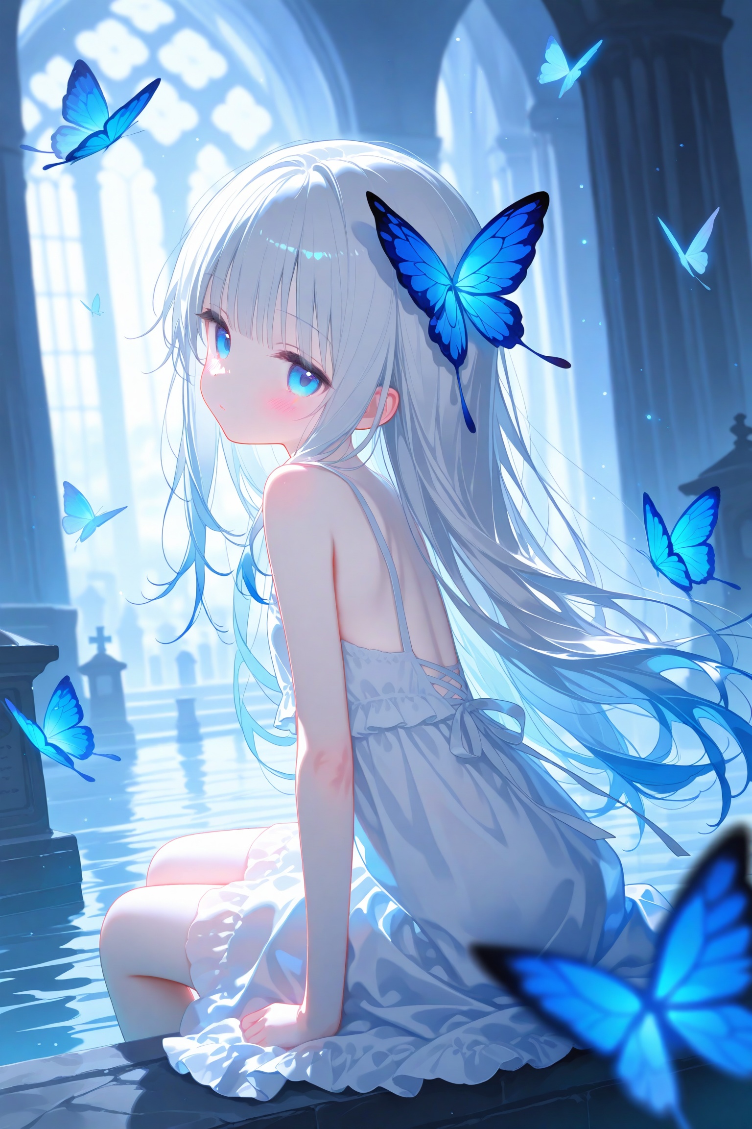 masterpiece,best quality,high quality,loli,chromatic_aberration,Light Blue Theme,//,loli,This is a masterpiece that exudes exceptional quality. The illustration is ultra-detailed,utilizing HDR technology to create a sense of depth. The subject matter is an original,delicate,and beautiful artwork,vibrant with color and filled with fantastical elements. The girl is sitting by a deep sea,surrounded by flowing water,with a dull blue World Tree in the background,situated in a cemetery. The serene and dreamy atmosphere gives the entire scene a soulful and enchanting quality. Her pale complexion,azure blue eyes that glow,and silver hair adorned with flowers create a captivating portrait. She wears a Lolita-inspired fashion,expressionless with her mouth closed. The backgrounds range from white,transparent,circular options,and there are also flying translucent blue butterflies that add a sense of liveliness to the piece.,//,year_2023,year_2024,//,official art,depth of field,detailed light,blurry background,cinematic lighting,ray tracing,amazing quality,very aesthetic,absurdres,beast quality,ultra detailed,silver hair,blunt bangs,