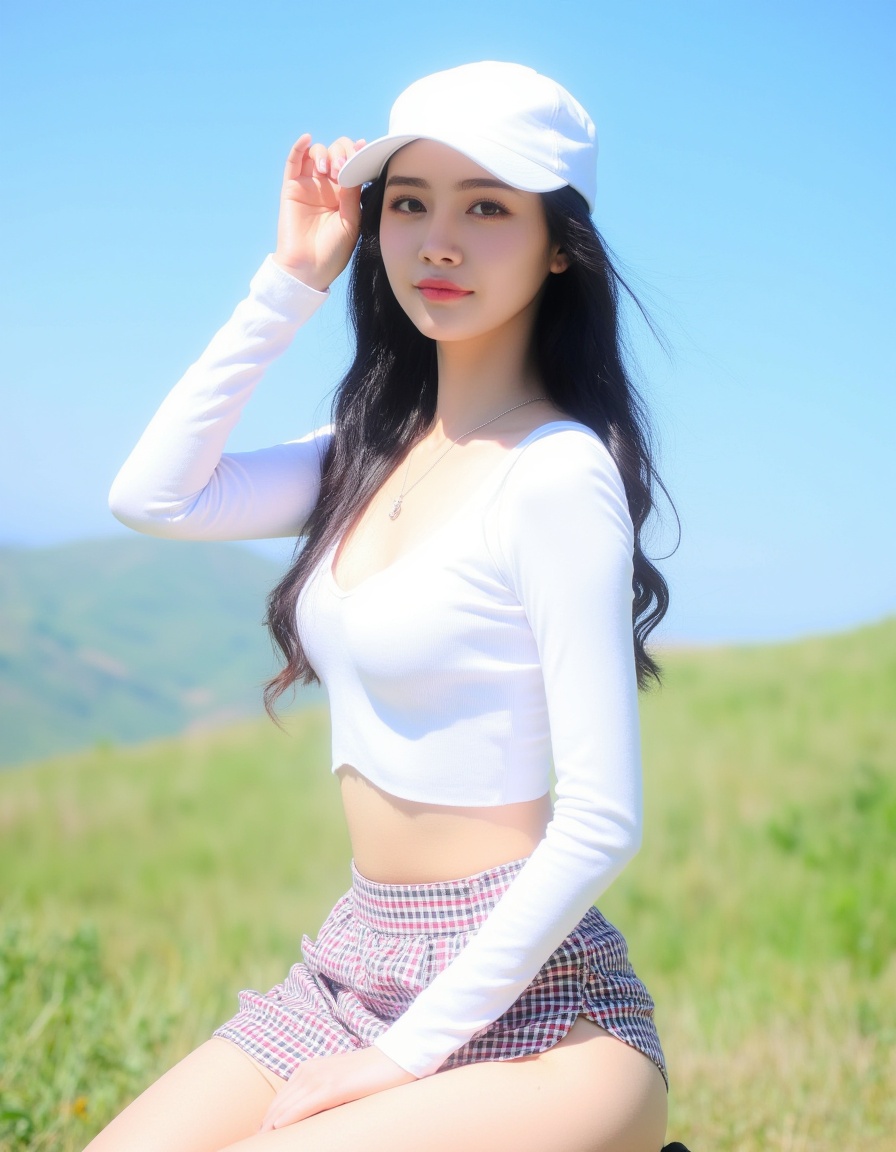 A photograph of a young Asian woman with long,straight black hair,wearing a white,long-sleeved crop top and a short,plaid skirt. She is outdoors on a sunny day with a clear blue sky and green grassy hills in the background. She has a slim physique and is posing confidently,one hand on her head,the other resting on her thigh. Her expression is neutral,and she wears a white cap. The image is bright and vivid,capturing a casual,summery vibe,