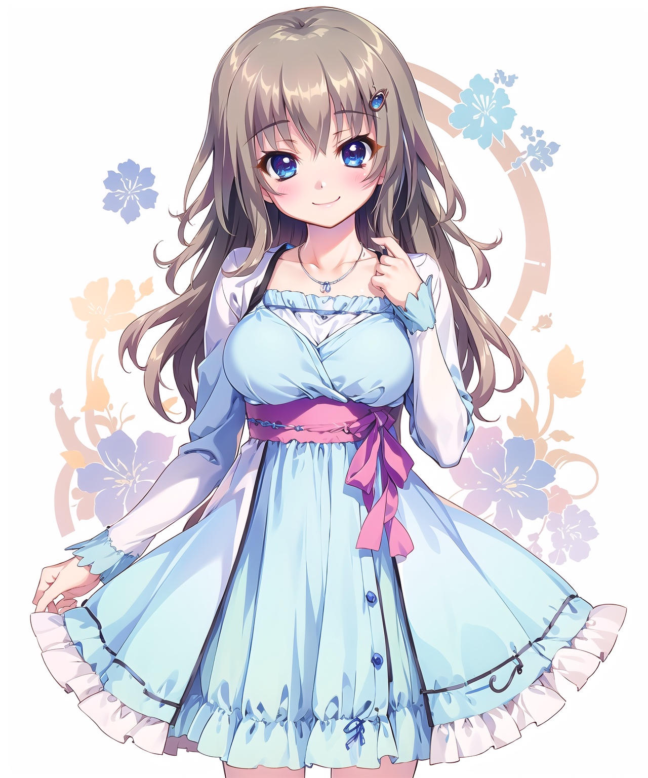 kujoumiyako,kujoumiyako dress,brown hair,blue eyes,(looking at viewer:1.2),cowboy shot,smile,blush,long sleeves,necklace,, masterpiece,best quality,