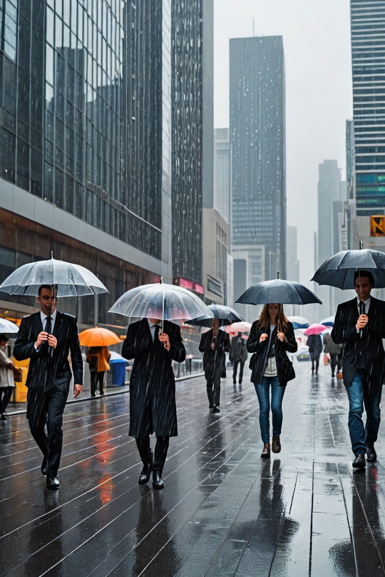 People with umbrellas are moving around in a city surrounded by skyscrapers where it is raining heavily.Very thick raindro...