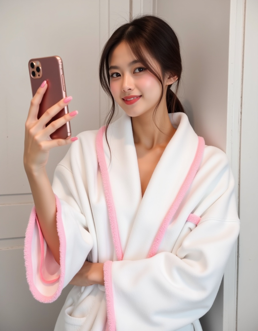 a real picture of a south korea woman,she wearsIn\(white_Pink microfiber Bath Robe\).,taking pictures with an apple phone,
