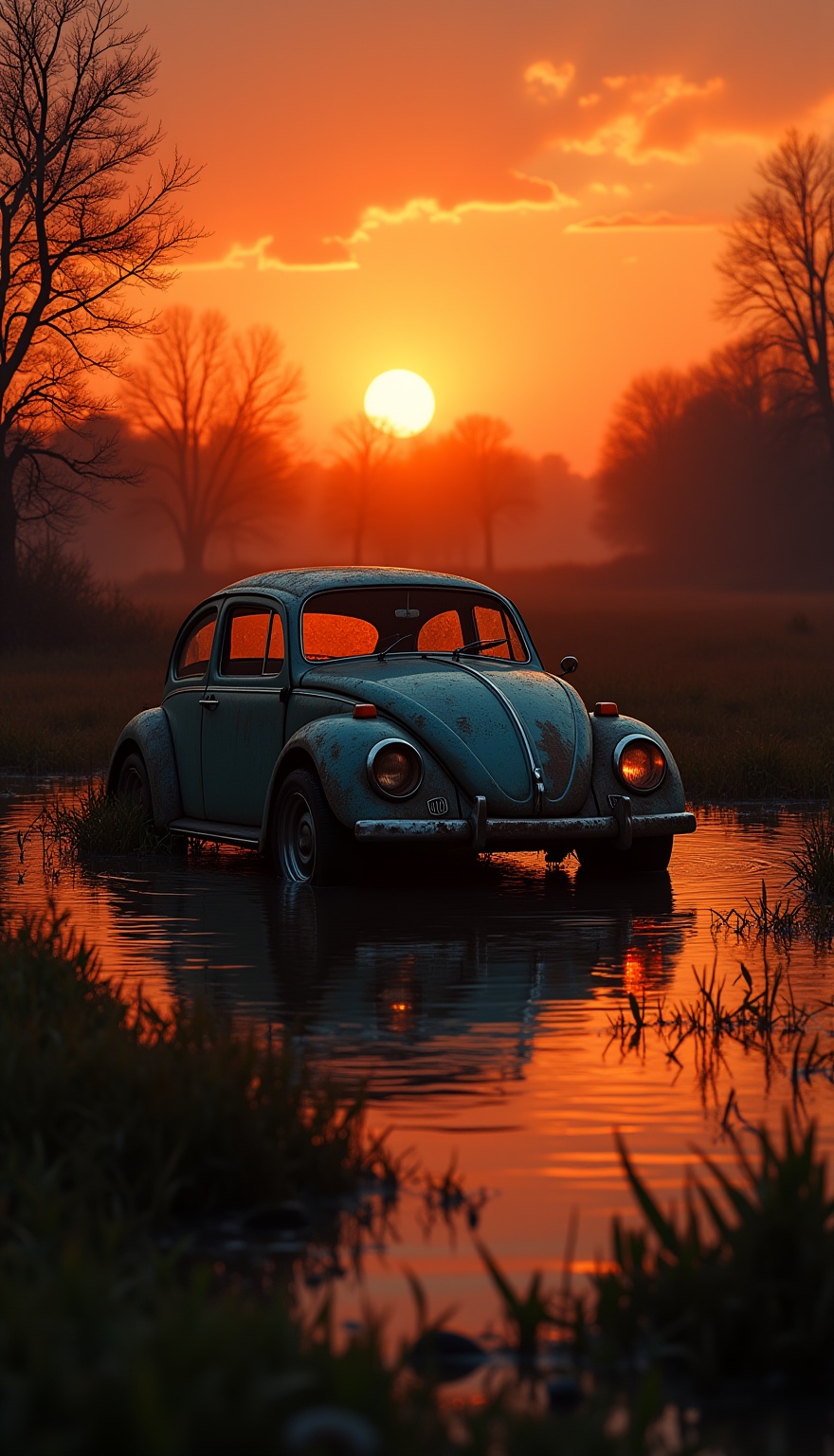 Abandoned car in a flooded landscape at sunset with an eerie orange glow.,