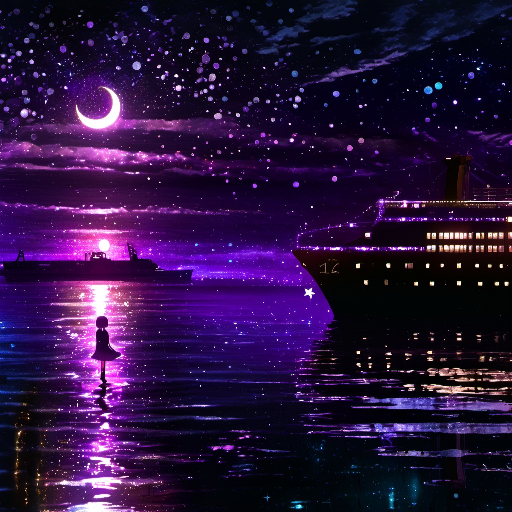<lora:star_xl_v3:1>,a person standing on a beach next to a large ship at night with a full moon in the sky,1girl,solo,short hair,dress,standing,outdoors,sky,cloud,water,night,halo,moon,star \(sky\),night sky,scenery,starry sky,crescent moon,building,reflection,city,fantasy,city lights,The image portrays a serene nighttime scene by a body of water. The sky is painted with hues of purple,blue,and a crescent moon. The water reflects the colors of the sky and the lights from the ship. On the left,a silhouette of a girl stands by the water's edge,gazing at the ship. She wears a dress and has a glowing headpiece. The ship,illuminated with lights,appears to be a large vessel with multiple decks. The entire scene is bathed in a magical ambiance,with sparkles and particles floating in the air,adding to the dreamy atmosphere.,body of water,ship,girl,headpiece,decks,magical ambiance,sparkles,particles,