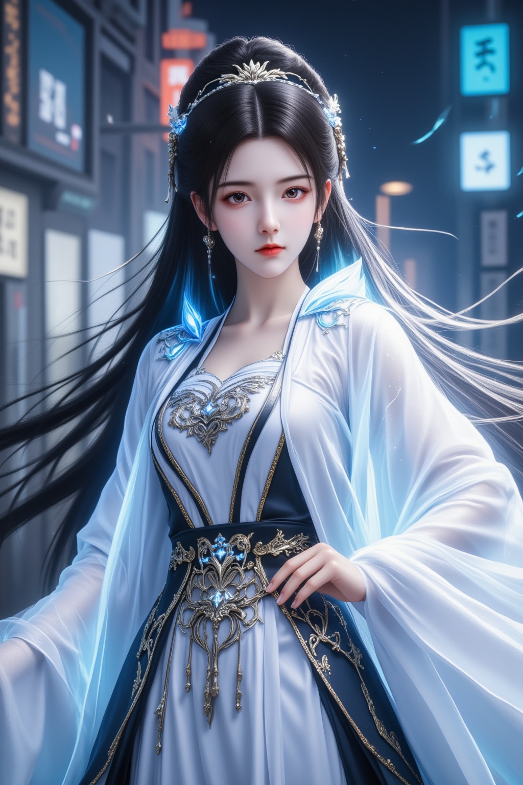 1girl,solo,brown eyes,black hair,looking at viewer,white hanfu,chinese clothes,long hair,cyberpunk,glowing cloak,armor
