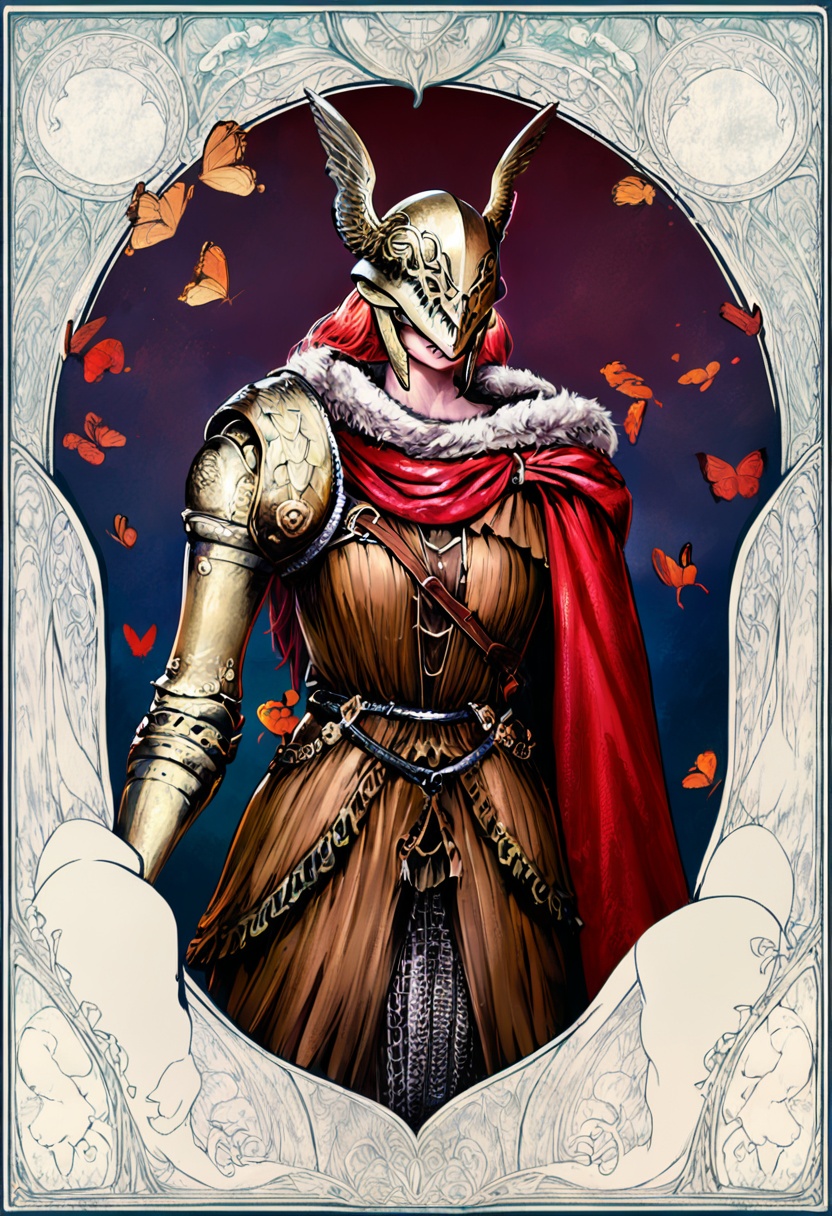 1girl,flying red butterflies, chainmail, brown dress, red cape, fiery red hair, white fur trim, golden winged helmet, single mechanical arm, scar, malenia blade of miquella,weapon, holding, sword, holding weapon, closed mouth, holding sword, intricate frame, art nouveau style, vibrant colors, floral motifs, gothic elements, decorative border, rich textures, warm tones, high-resolution image, detailed illustration, stylized design, grace, strength, cowboy shot,masterpiece, best quality, newest, absurdres, safe<lora:nws_v1.2-000013:1>