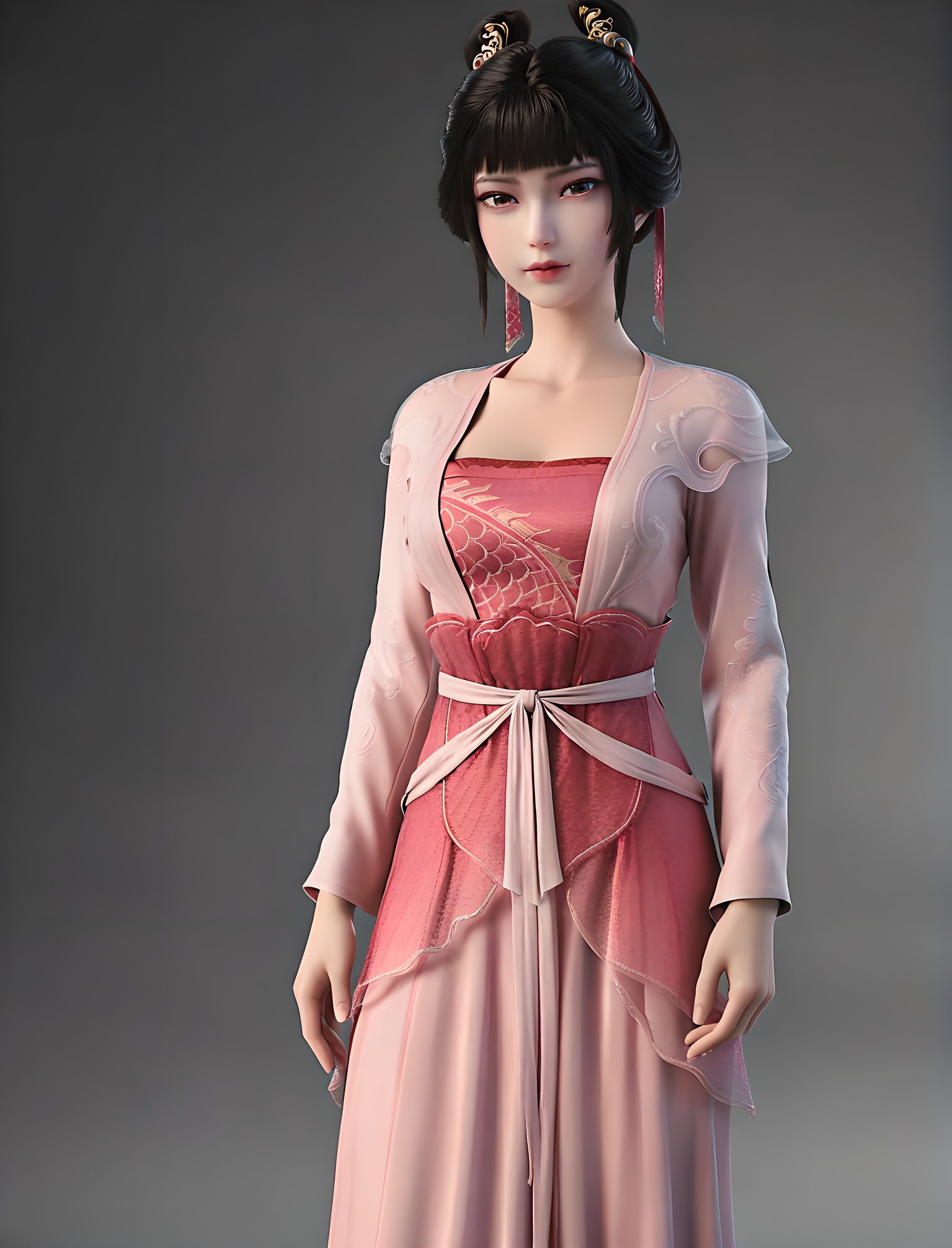 fair_skin,white_skin,Ivory_skin,score_9,<lora:SF_ZhiGui_Pony_Realism-000004:0.7>,pink dress,hair ornament,black hair,1girl,standing,breasts,long sleeves,solo,looking at viewer,simple background,cowboy_shot,