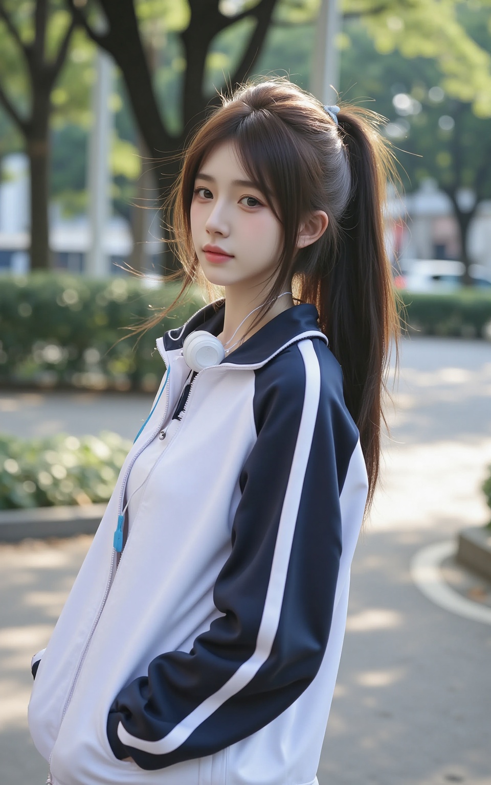 school uniform,beauty,This photo is a high-resolution image of a young woman in her early twenties, taken on a sunny day. She has fair skin, with long and straight brown hair tied into a high ponytail, and bangs that complement her face. She was wearing a set of casual sportswear, including a white and navy blue sportswear, a zippered jacket, and matching pants. She was wearing white headphones and a blue headphone cable,The background is a bit blurry, indicating a shallow depth of field, but it appears to be a city street with sidewalks and high-rise buildings. The sunlight filtered through the forest, casting mottled shadows on the ground, with a hint of green plants and parked cars in the distance. The overall atmosphere of the photo is peaceful and fresh, capturing the texture of her clothes and the smoothness of her skin vividly, enhancing the realism of the image.,