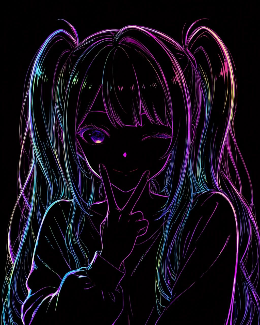 A girl drawn with iridescent outlines against a black background.1girl,  chouzetsusaikawa tenshi-chan,  needy girl overdos...