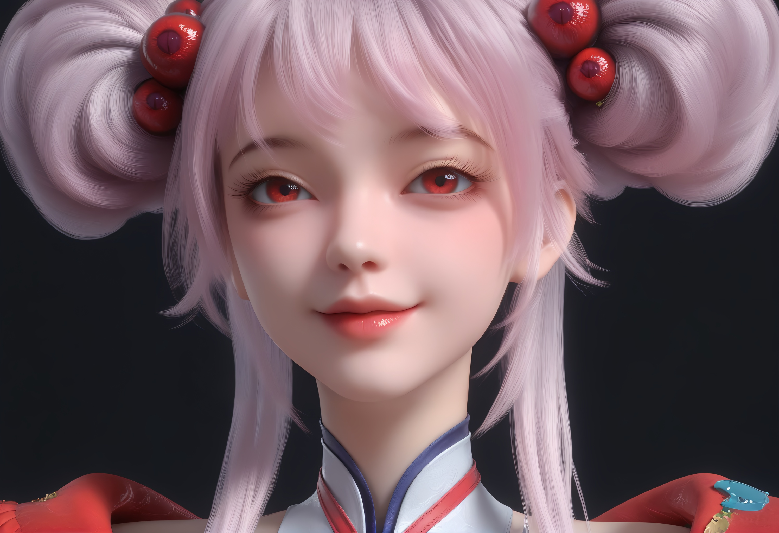 (score_9),portrait,(close-up),solo focus,(eye focus),<lora:炙珠-apony:0.83>,zizhu,1girl,solo,red eyes,double bun,hair ornament,pink hair,ahoge,mature_female,BREAK<lora:Expressive_H-000001:0.8>,light blush,Expressiveh,looking at viewer,seductive_smile,front view,<lora:e肤色滑块:0.25>,fair_skin,(pale skin),ultra-detailed skin texture,detailed textures,<lora:皮肤凹痕:1.5>,<lora:RealisticSkinv1_ponyv6_loraplus:0.35>,real skin,BREAKsimple background,black background,<lora:e色温:0.25>,4K ultra HD,sharp focus,high detail,high contrast,