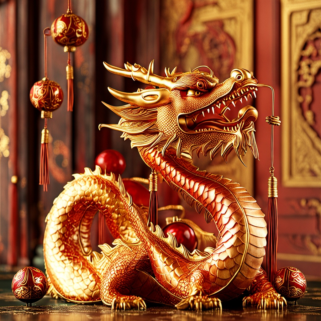 There is a golden dragon on the mahogany table,next to which is a red ball with patterns. The dragon's teeth are hung with tassels,and the background is a retro window with text painted on it.,<lora:---long-XL>,