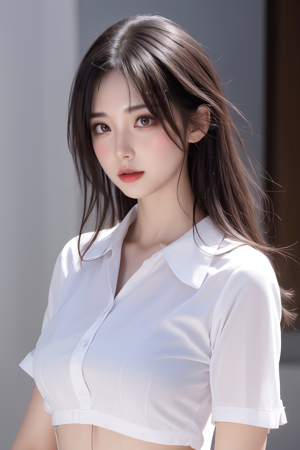 1girl, black hair, bra, bra visible through clothes, breasts, brown eyes, collared shirt, large breasts, lips, long hair, looking at viewer, nose, photorealistic, realistic, see-through, shirt, short sleeves, solo, underwear, upper body, wet clothes, wet shirt, white shirt, wing collar <lora:美女:0.8>
