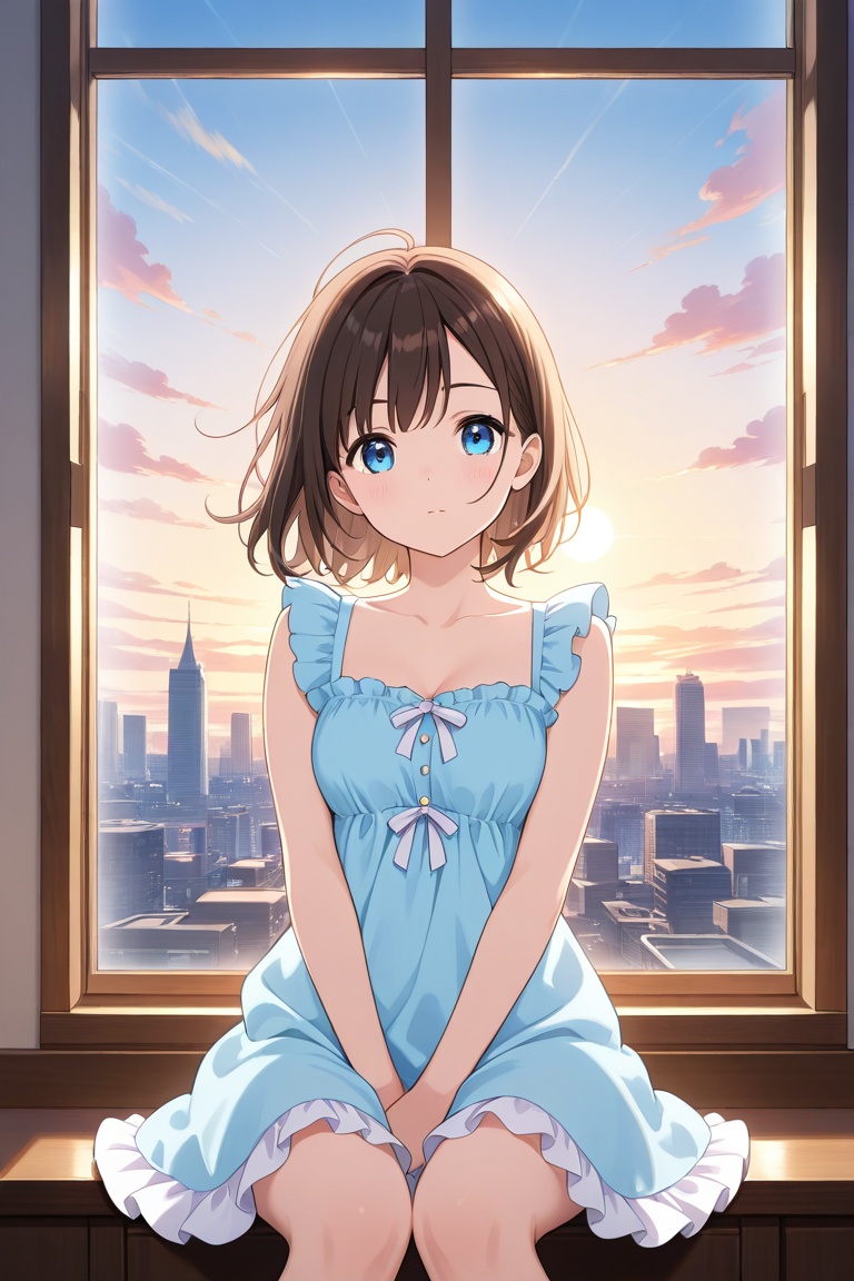 1girl,solo,sitting,window,frills,sky,cloud,indoors,cityscape,closed_mouth,sun,looking at viewer,