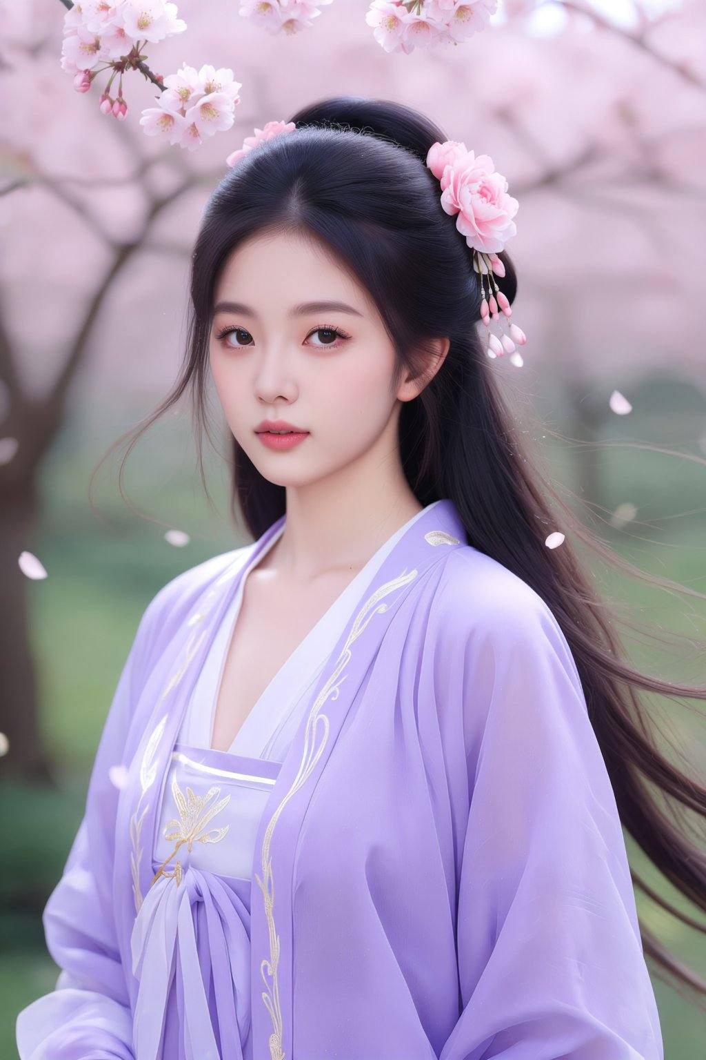 subject_009,  The image depicts a person with long,  dark hair adorned with a delicate pink flower accessory. The hair flo...