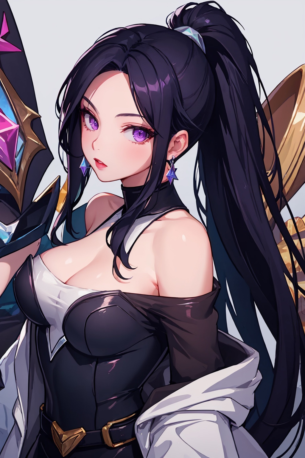 masterpiece,best quality, highly detailed, 1girl,k/da \(league of legends\),kai'sa,ponytail,bare shoulders,earrings,looking at viewer,solo,official alternate costume,tight,breasts,lipstick,off shoulder,<lora:kai'sa:1>