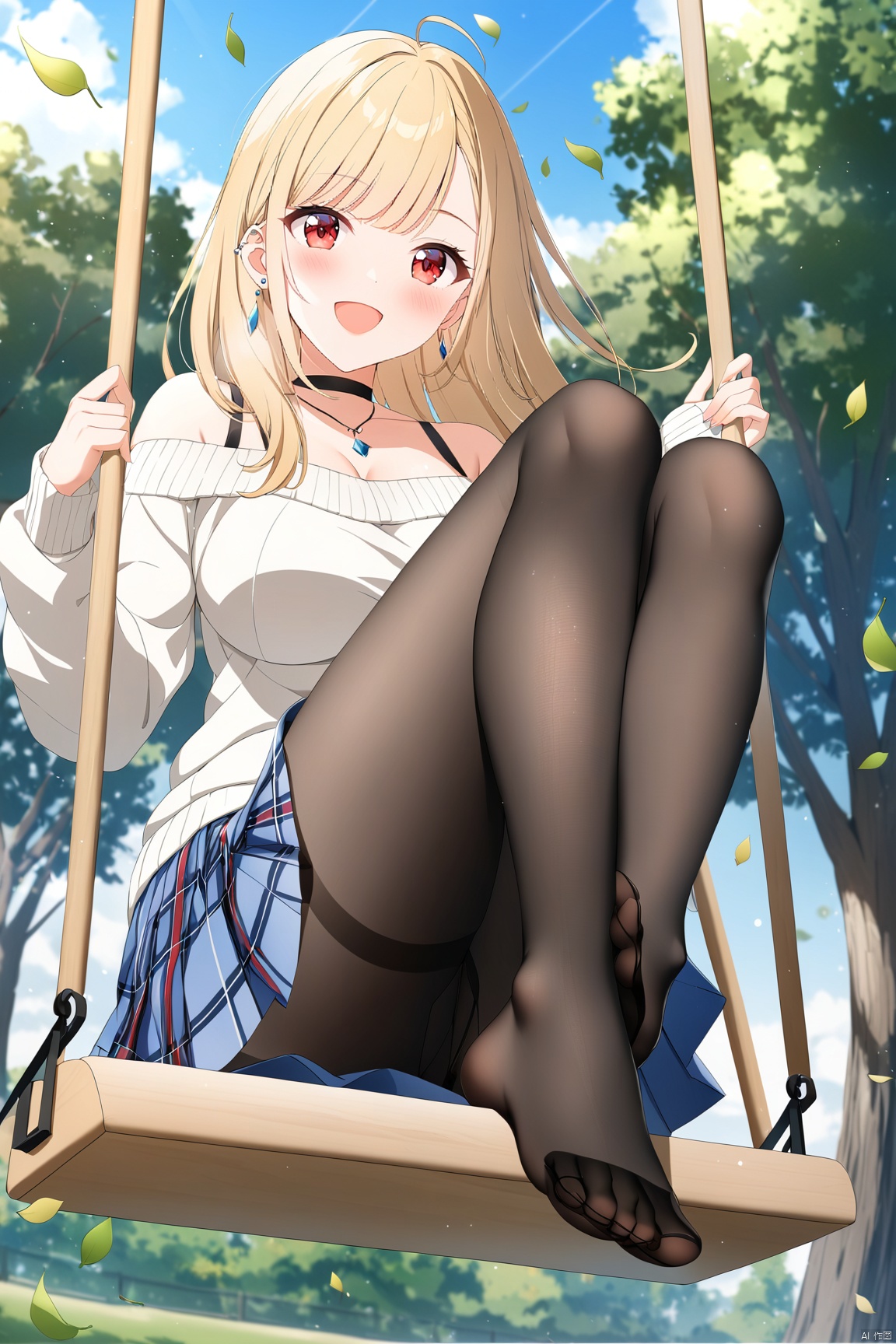 swing, 1girl, blonde hair, pantyhose, shoes, feet, skirt, long hair, solo, outdoors, choker, jewelry, breasts, kitagawa marin, soles, open mouth, sitting, no shoes, black pantyhose, blue skirt, leaf, smile, falling leaves, toes, sweater, bangs, day, off shoulder, looking at viewer, black choker, sky, red eyes, single shoe, large breasts, earrings, long sleeves, blue sky, necklace, ahoge, plaid skirt, legs, off-shoulder sweater, swinging, shoes removed, plaid, foot focus, full body, tree, :d, from below, multicolored hair, piercing, miniskirt, white sweater, blush