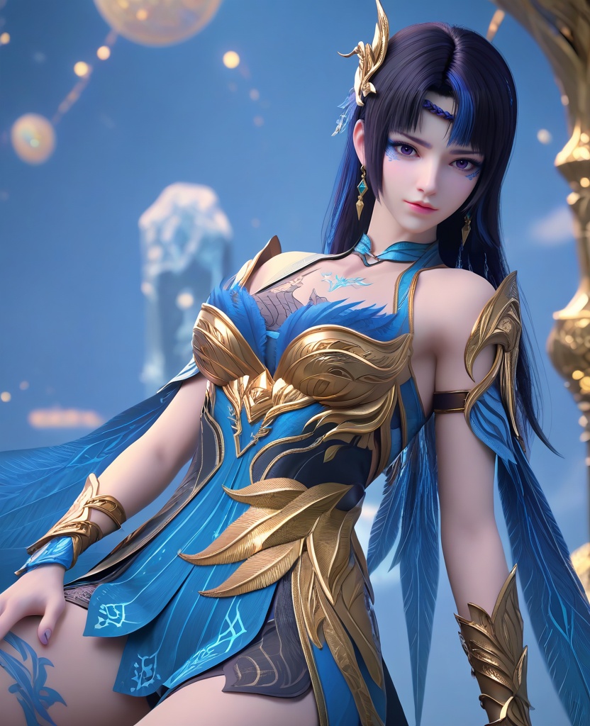 (oriental architecture, elegant decor, sophisticated style:1.1),(pose),(breasts:1.2),<lora:XL16大主宰九幽:0.95>,miss jiuyou,armor,boobplate,purple eyes,braid circlet,makeup,black hair,blue streaked hair,long hair,hair ornament,sternum tattoo,rerebrace,left hand single glove with blue,blue wings cape,blue lower leg decoration, blue overskirt, zPDXL2, score_9, score_8_up, score_7_up BREAK realistic, masterpiece,best quality, highly detailed,, zPDXL3, zPDXL2,zPDXL, zPDXLxxx, zPDXLrl,