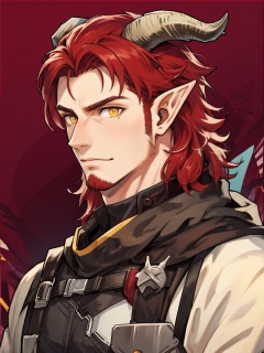 <lora:hedelei:1>,hedelei,horns,red hair,yellow eyes,facial hair,, masterpiece,best quality, 1boy, cowboy shot
