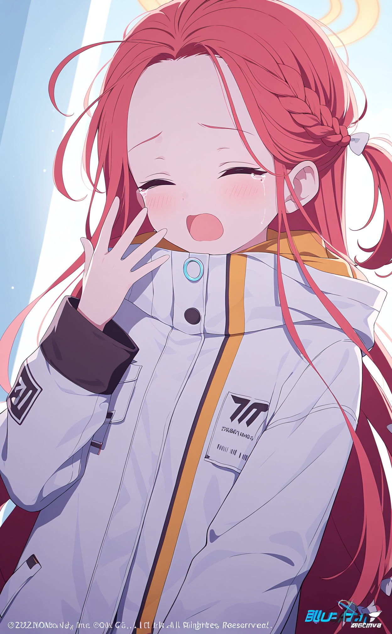masterpiece,very aware,highres,absurdres,newest,best quality,loli,petite,high quality,chromatic_aberration,Light Blue Theme,cinematic_angle,dutch angle,//,1girl,yuzu_\(blue_archive\),solo,red_hair,long_hair,jacket,open_mouth,yawning,closed_eyes,white_jacket,braid,forehead,blush,long_sleeves,tears,upper_body,one_side_up,copyright_notice,copyright_name,company_name,//,//,//,<lora:BA02:1>,