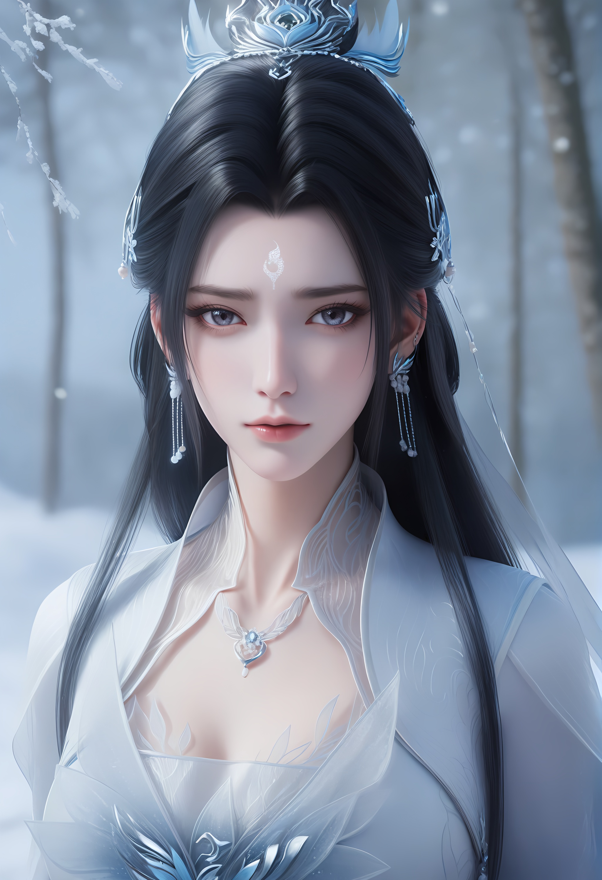 (score_9),upper body,<lora:陆雪琪2-Apony:0.82>,luxueqi,1girl,solo,long hair,black hair,hair ornament,hair bun,updo,earrings,forehead mark,dress,jewelry,necklace,hair ribbon,<lora:Expressive_H-000001:0.8>,light blush,front view,mature female,collarbone,pointy breasts,puffy breasts,cleavage,<lora:e肤色滑块:0.35>,fair_skin,(pale_skin),(white_skin),light skin,ultra-detailed skin texture,detailed textures,BREAKsimple background,in snow,Tyndall effect,available light,depth of field,tree,snowflakes,branch,twig,<lora:e色温:0.35>,4K ultra HD,sharp focus,high detail,natural lighting,high contrast,