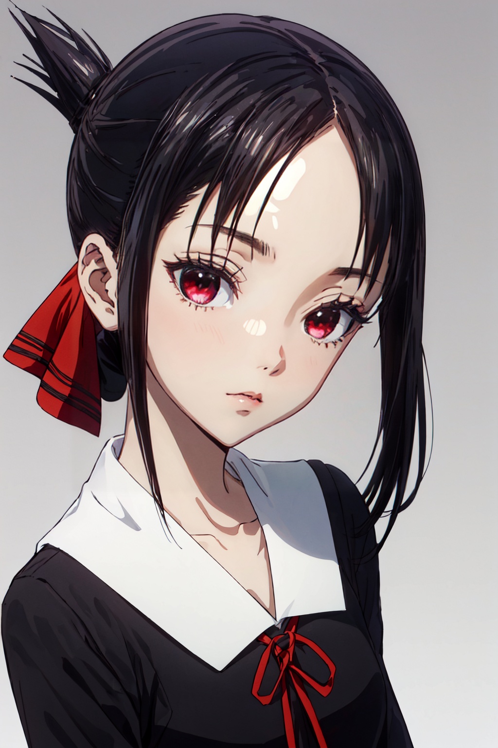 1girl,looking at viewer,solo,black hair,short hair,folded ponytail,red eyes,shuuchiin academy school uniform,dress,ribbon,red ribbon,socks,black socks,hair ribbon,black dress,kneehighs,shoes,long sleeves,<lora:Kaguya:0.8>,Kaguya_CYQL,portrait,beautiful face,beautiful eyes,glossy skin,shiny skin,grey background,simple background,posing in front,masterpiece,best quality,beautiful and aesthetic,contrapposto,female focus,wallpaper,fashion,