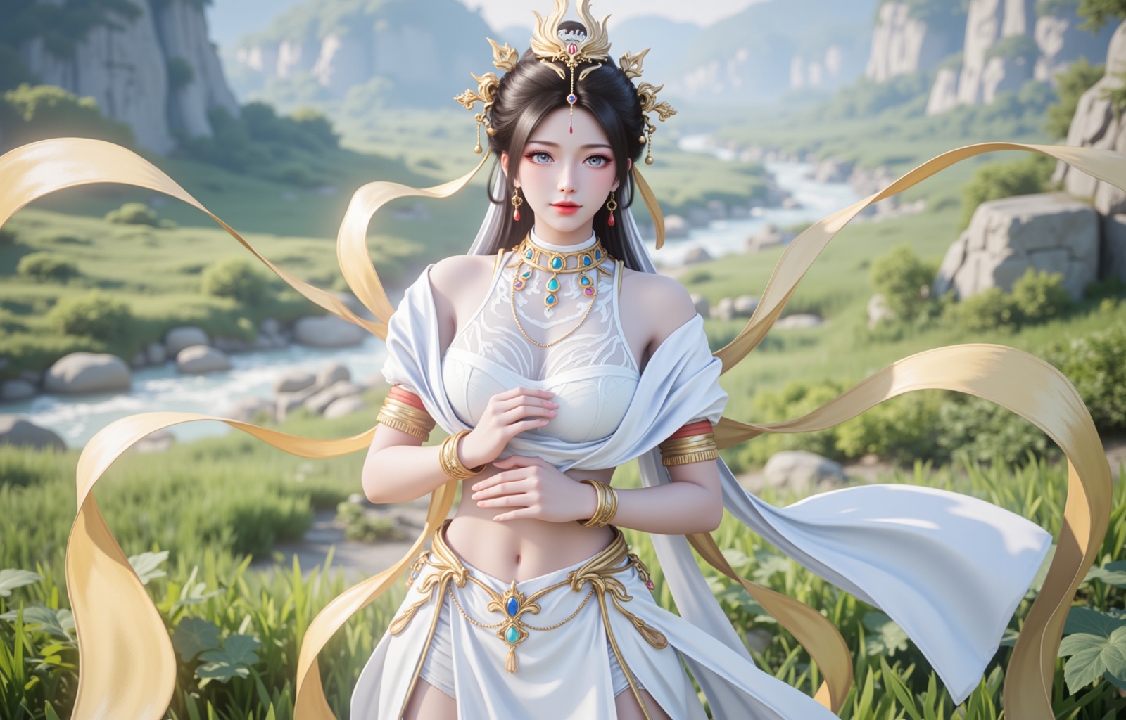<lora:瑶池圣女6:1.2>,yaochishengnv,1girl,jewelry,solo,earrings,bracelet,realistic,blue eyes,navel,hair ornament,skirt,grass,midriff,brown hair,looking at viewer,white skirt,shawl,black hair,nature,outdoors,standing,7,cover,gradient background,close-up details,outstanding style,adding a touch of dimension to your images without compromising details,close-up,<lora:DJ滤镜_2.5D版:0.3>,lvjing,<lora:油画唯美滤镜15:0.3>,baoshi,