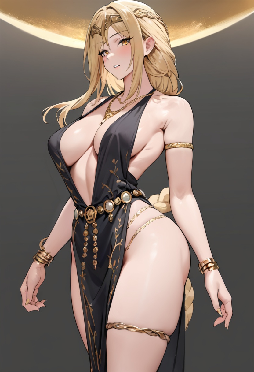 1girl,black dress with gold details,deep v-neckline,gold crown,gold necklace.gold armlets,gold bracelets,gold chain belt,gold chain accessories on legs,golden eyes,braided blonde hair,grey background,cowboy shot,masterpiece, best quality, newest, absurdres, nsfw, explicit <lora:Elden Ring-Marika_v1.0:1>
