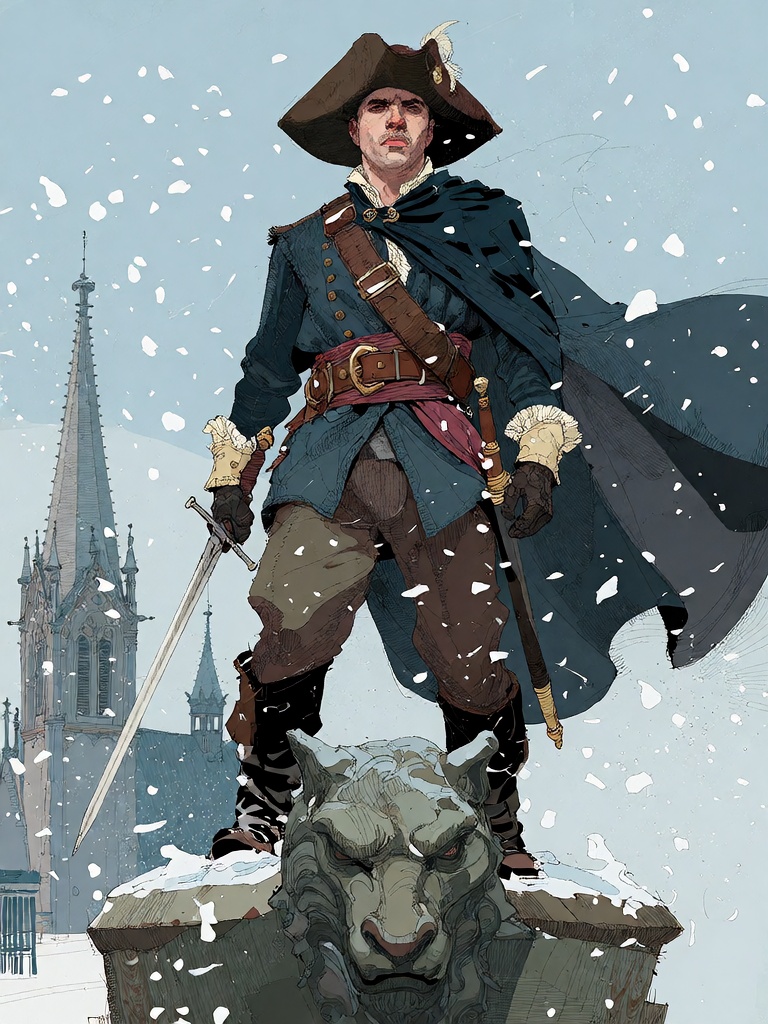 Bradhamel art style. A solitary man in a dark,  flowing 17th-century pirate-style coat and tricorn hat stands atop a snow-...