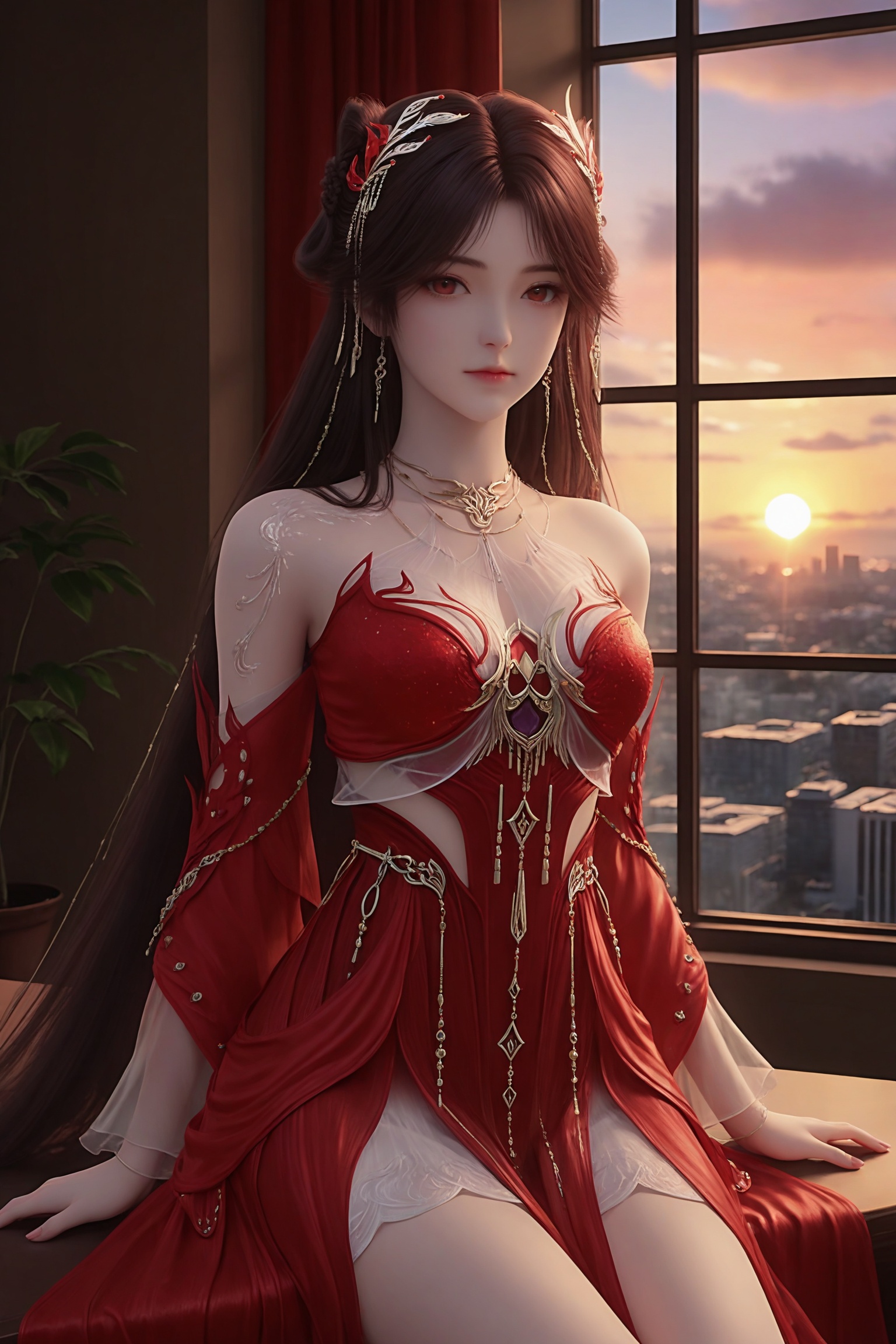 1girl,solo,sitting,window,frills,sky,cloud,indoors,cityscape,closed_mouth,sunset,looking at viewer,long,dark hair adorned,bejeweled headpieces,a regal,flowing gown in a deep,vibrant red.,<lora:火灵儿-天神境ILL:0.7>,