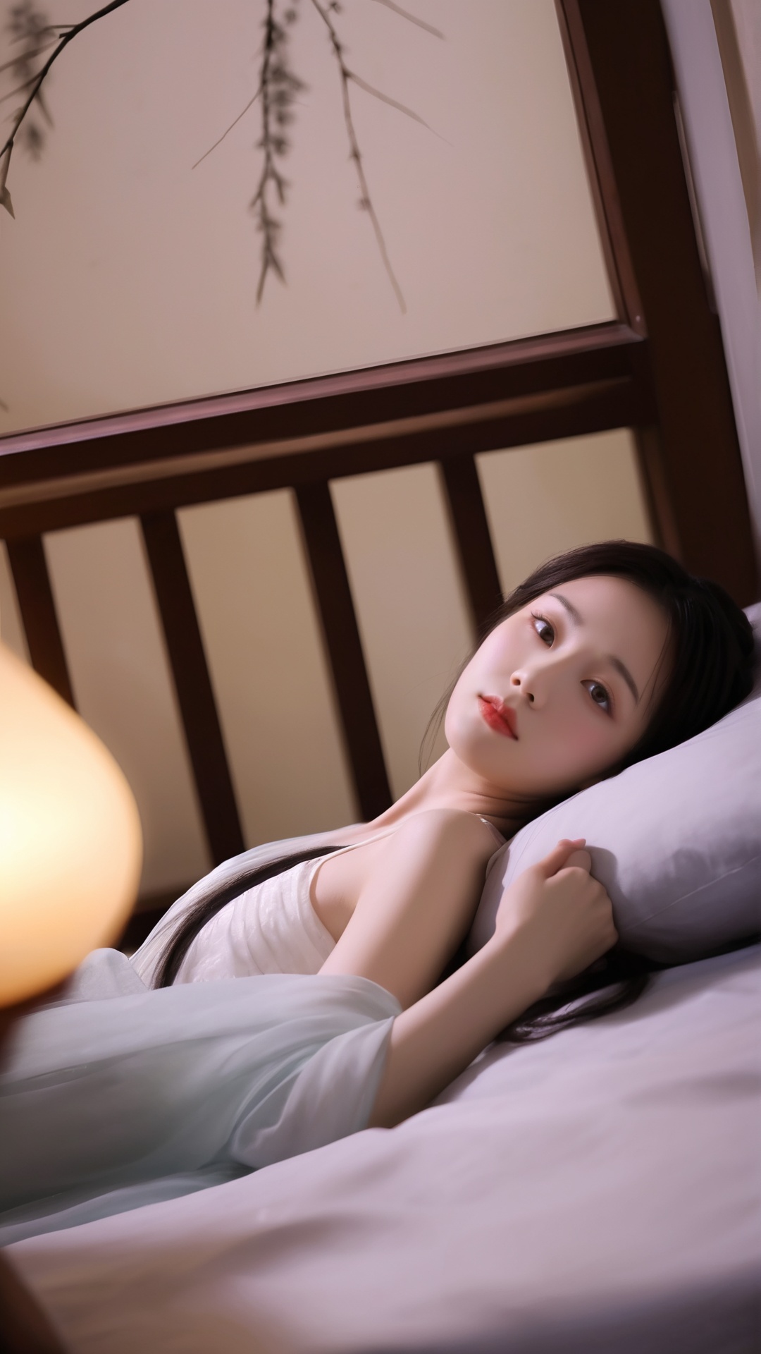a chinese female,(((lying on the bed))),(((headrest on arm))),wearing hanfu,gloom (expression),from above,detailed face,chinese ancient bedroom indoors background,candle on table,((cool tone)),night,ethereal atmosphere,evocative hues,captivating coloration,dramatic lighting,enchanting aura,masterpiece,best quality,epic cinematic,soft nature lights,rim light,amazing,hyper detailed,ultra realistic,soft colors,photorealistic,Ray tracing,Cinematic Light,light source contrast,black and white ink painting,traditional chinese ink painting,willow branches,willow tree in background,