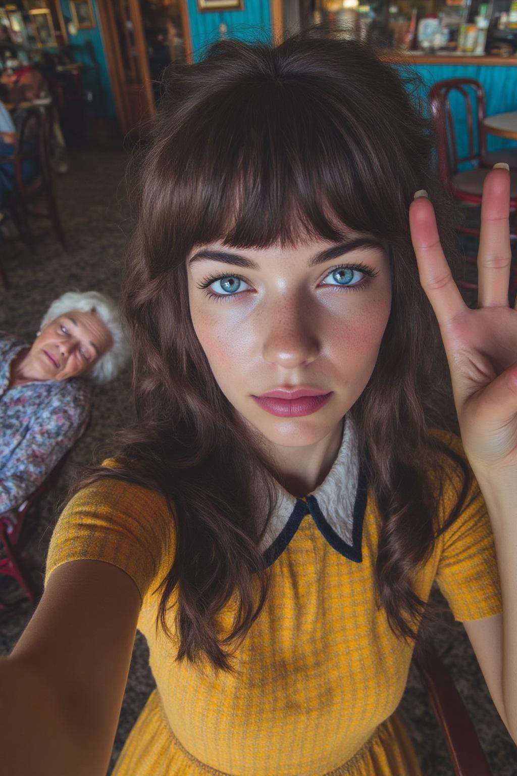 midjourney photograph.Shot from above,  close-up selfie of a young Slovenian woman with blue eyes,  in a cozy indoor setti...
