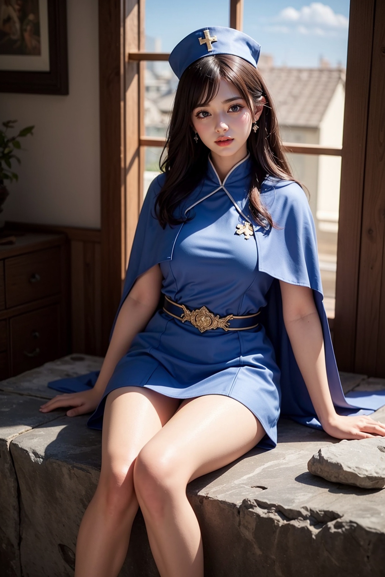 ultra realistic 8k cg,picture-perfect face,perfect face,beautiful face,masterpiece,fantasy,detailed background,realistic,perfect female body,curvy body,skindentation:1.3,intricate detail,1girl,solo,sky,cape,long hair,rocks,sky,(skirt),full body,sitting,room,nurse,