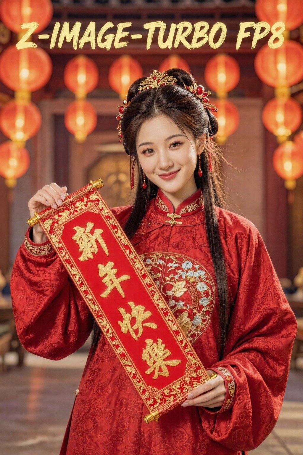 一位身着过年喜庆红色衣服的古装女子，服饰纹理精致细腻，她双手拉着一副写着新年快乐的金色字竖批。背景中悬挂着许多红色灯笼，营造出浓厚的节日氛围，灯光温暖，营造出一种温馨而欢乐的氛围，影视级别的效果，摄影风格，正面照，背景顶部有文本“Z-IMAGE-TURBO FP8”以金色半透明毛笔字体显示在顶部。