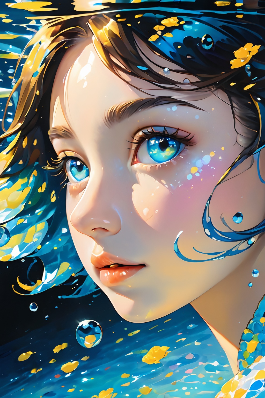 girl swims underwater,hyper detailed render style,glow,yellow,blue,brush,surreal oil painting,shiny eyes,head closeup,exaggerated perspective,tyndall effect,water drops,mother of pearl iridescence,holographic white,black background, <lora:20240510-1715326285381:0.7>