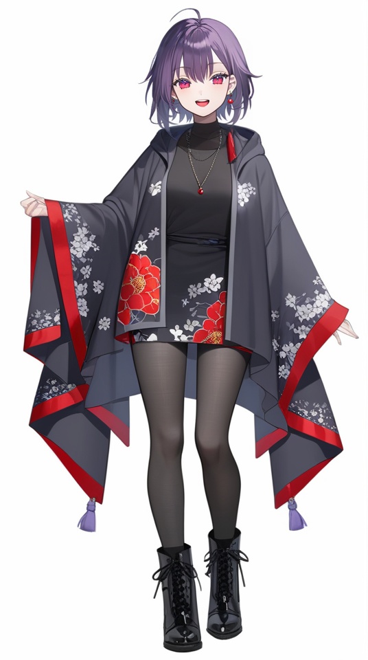 (best quality), ((masterpiece)), (highres), illustration, original, extremely detailed, <lora:淡彩の华美病娇:0.7>solo, 1girl, jewelry, white background, black footwear, open mouth, boots, necklace, red eyes, simple background, smile, full body, floral print, looking at viewer, pantyhose, earrings, long sleeves, black pantyhose, :d, wide sleeves, standing, teeth, hair between eyes, hood, ahoge, upper teeth only, purple hair, short hair, black socks, jacket, bangs