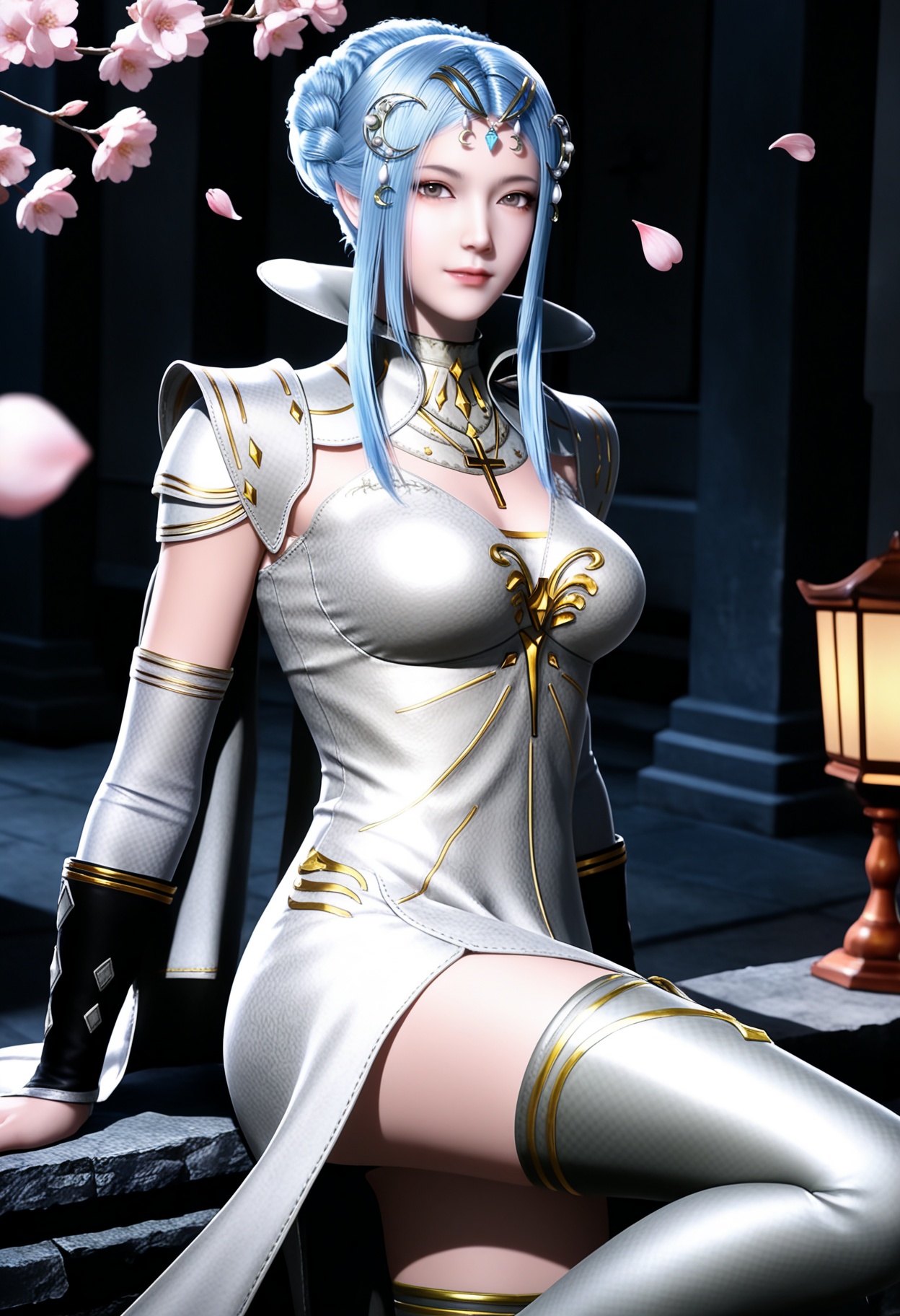 masterpiece,best quality,amazing quality,high resolution,ultra-detailed,absurdres,(looking at viewer:1.1),upper body,(Dark room:1.3),(moody lighting:1.1),peach blossom,falling petals BREAK large breasts,tangyuehua,1girl,solo,light blue hair,hair ornament,hair bun,dress,sidelocks,braid,elbow gloves,realistic,brown eyes,high collar,necklace,detached sleeves,golden cross decoration,gem,jewelry,armor,long hair,cape,thighhighs,thigh boots BREAK photorealistic details,<lora:QQSilltangyuehuaV1:0.8>,