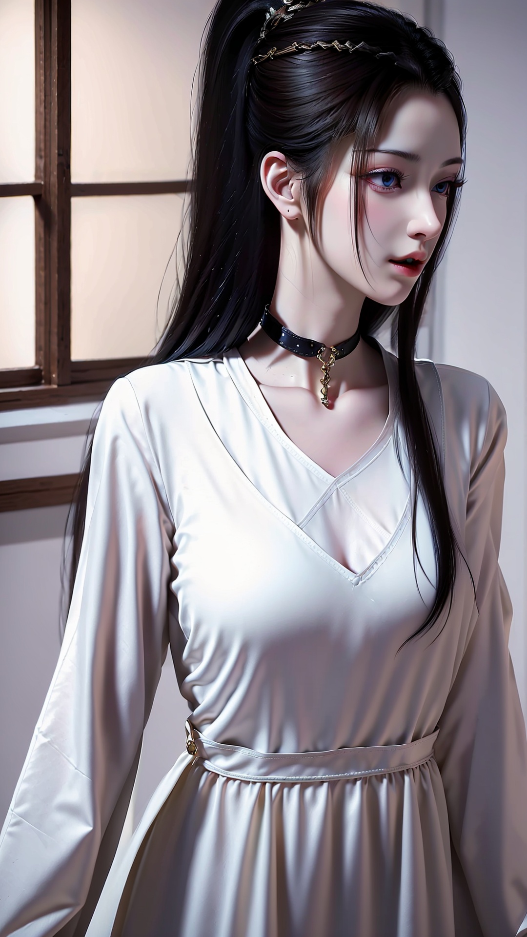 1girl,solo,long hair,black hair,dress,white dress,looking at viewer,blue eyes,hair ornament,indoors,long sleeves,curtains,realistic,choker,closed mouth,lips,standing,ponytail,<lora:Gloss_Tweaker_V2:0.6>,<lora:粉色妆容强度调节滤镜:0.5>,huge filesize,reservoir,<lora:girl solo yuanyao_20240908025103:0.8>,