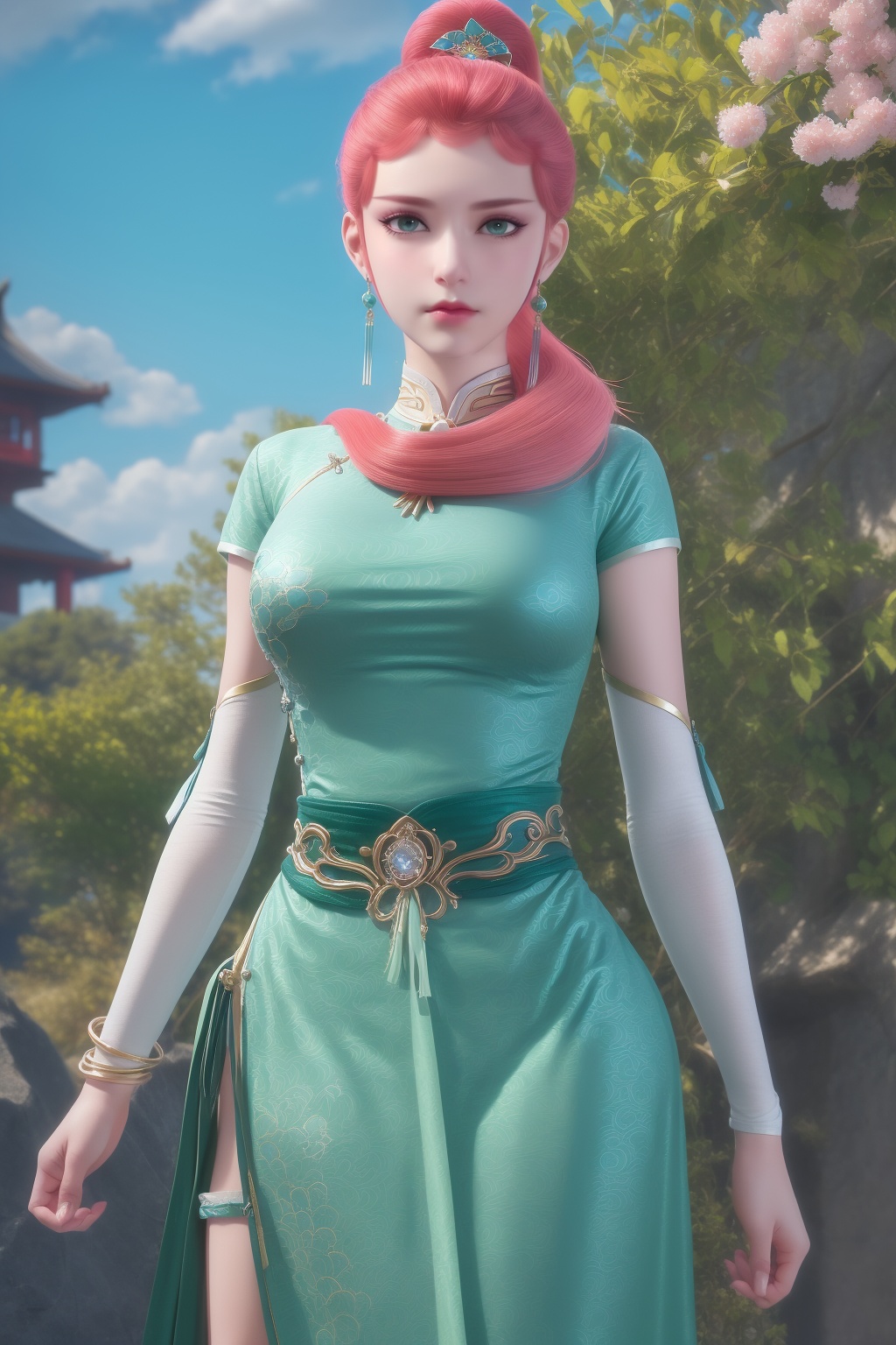 (8k, RAW photo, best_quality),(masterpiece:1.2),(realistic:1.2),(photorealistic:1.3),(ultra-detailed),(extremely_detailed_cg_8k_wallpaper),(crystal_texture_skin:1.3),(shiny:1.2),(shiny_skin:1.4),(extremely_delicate_and_beautiful),petals,flower,sky,cherry blossoms,falling petals,fair skin,shenfengLongYuYin,1girl,solo,dress,green dress,chinese clothes,clothing cutout,torogao,breasts,large breasts,lipstick,standing,jewelry,hair ornament,earring,necklace,realistic,looking at viewer,<lora:shenfengLongYuYin_20240716143233-000004:0.7>,
