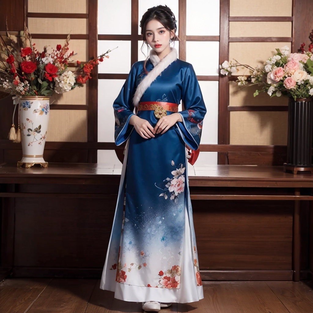 <lora:WTHF0128128-000001:0.8>,winterHanfu,blue,black,floral print,