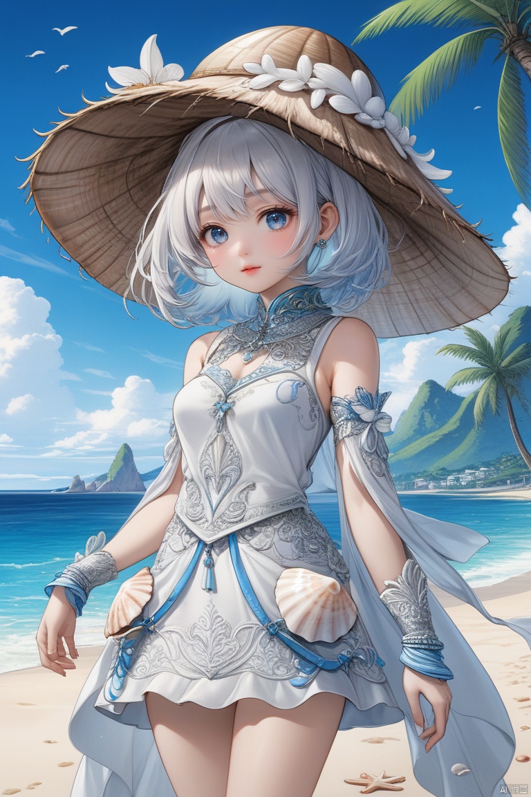 (masterpiece), (best quality), Exquisite visuals, high-definition, (ultra detailed), finely detail, ((solo)), (white Silver hair), (gradient Blue), (beautiful detailed eyes),standing, ((full body)),a  shell with short white hair, anthropomorphic shells, wearing a white shell outfit . (((Shell clothes：1.8, and hats))).The environment is next to the beach, with coconut trees and many seashells on the beach