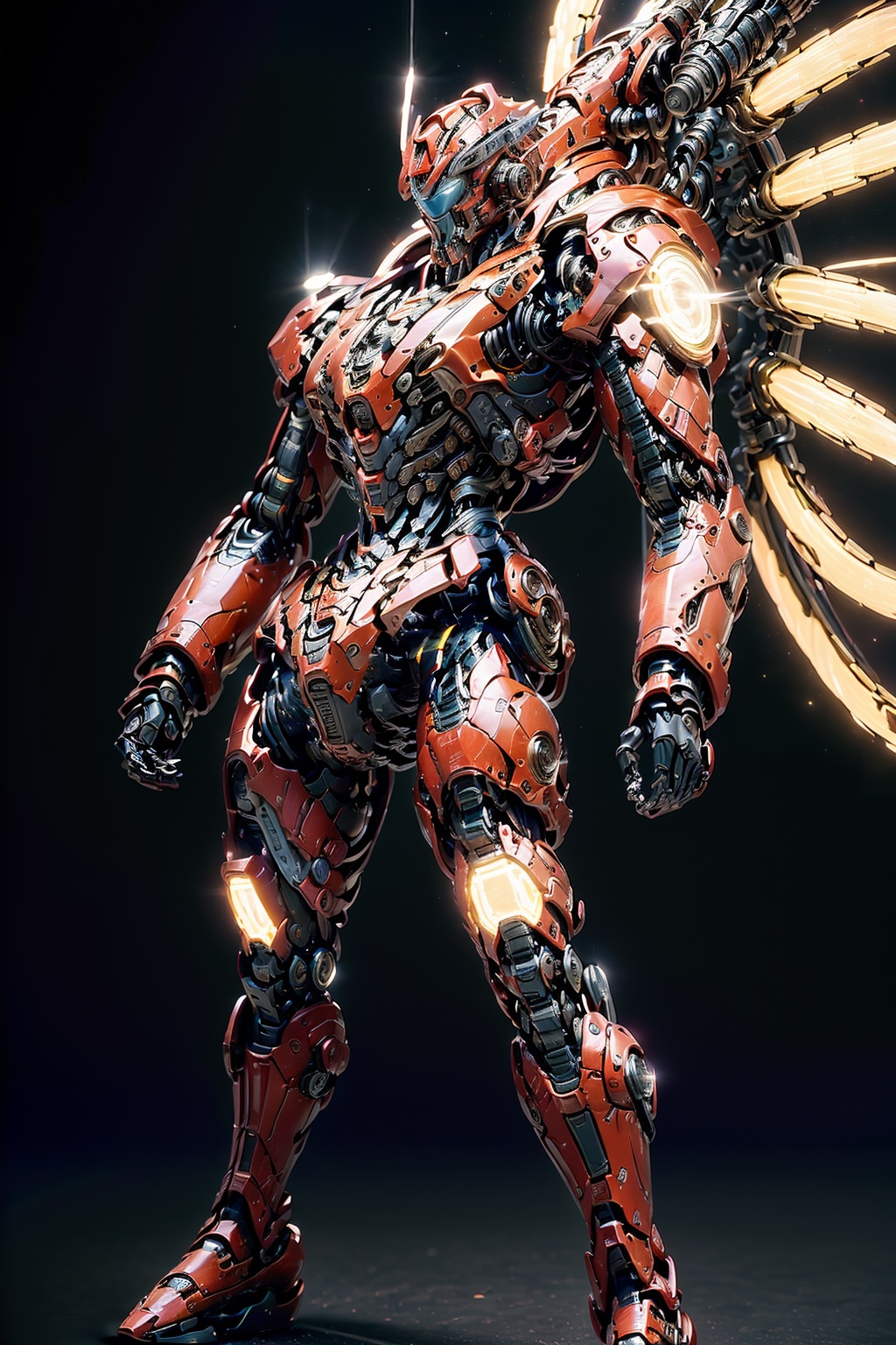 masterpiece,best quality,(highly detailed),boy  soldier,Mechanical windproof outer garment,strong,cyborg,(full body:1.3),(bright lighting:1.3),wide angle,(Light gradient background:1.3),<lora:hjyrobo5-000010:1>,complex body,(red and black),(stand on shining blue light circle machinery Science Fiction Portal:1.2),slivery,light beam,Surface grave with Victorian patterns,