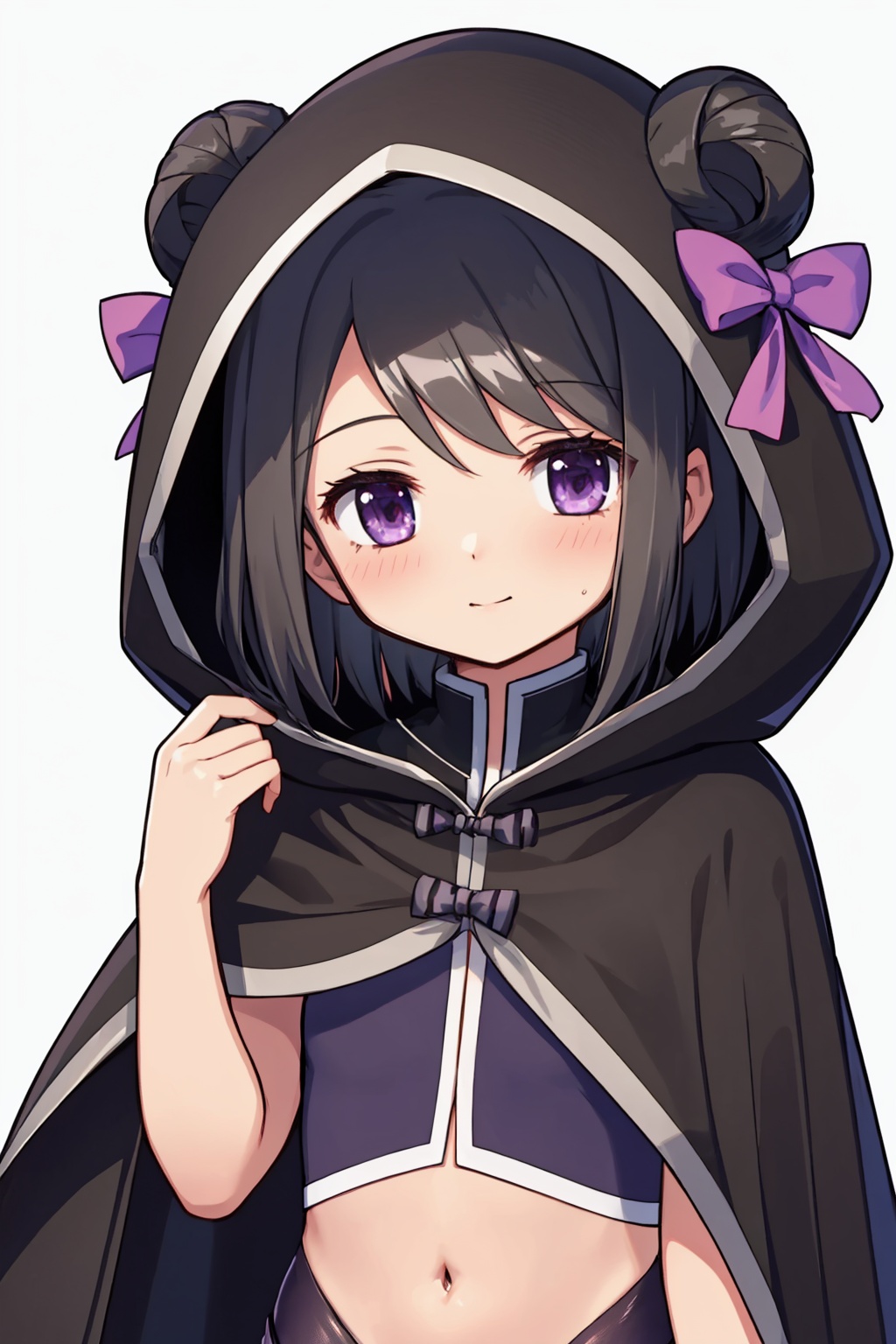 masterpiece,best quality, highly detailed, 1girl,black cloak,hooded cloak,kuroe (madoka magica),solo,blush,looking at viewer,midriff,navel,purple bow,simple background,closed mouth,dot nose,hood up,skirt,thighlet,white background,<lora:kuroe_(madoka_magica):1>
