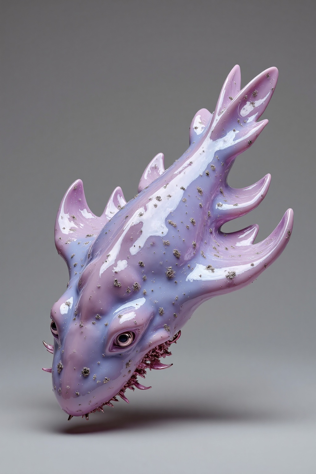 beijihui,a close-up shot of a purple sea slug,adorned with tiny black dots. The sea slug's body is adorned with a light purple tint,adding a pop of color to the otherwise monochromatic image. The background is a stark grey,creating a stark contrast to the sea slug.,