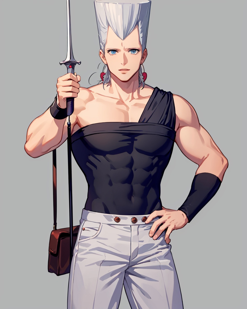 masterpiece,best quality, highly detailed, jean pierre polnareff, 1boy, solo, male focus, rapier, earrings, pouch, holding sword, wristband, muscular, pants,<lora:jean_pierre_polnareff:1>