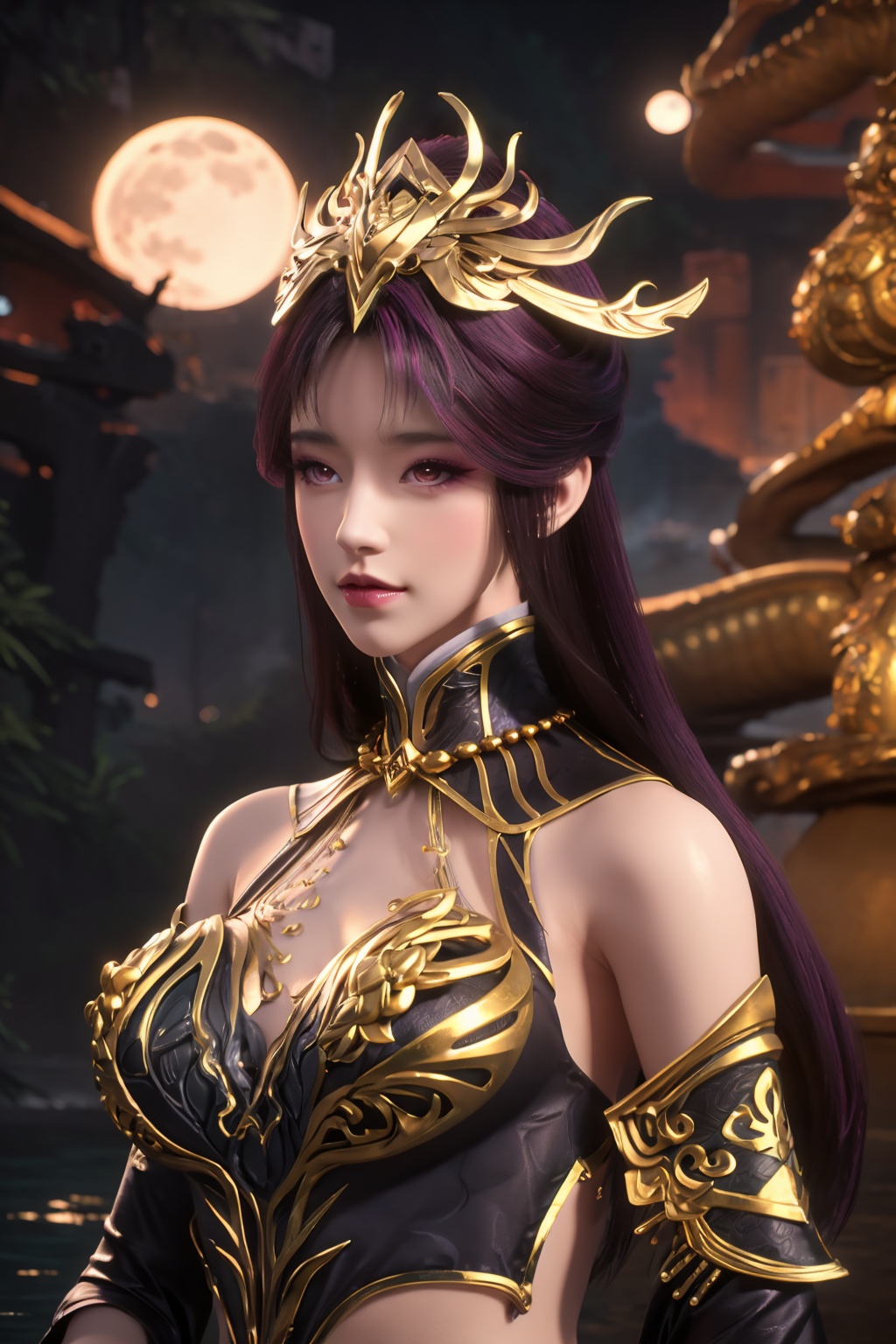 standing,dress,chinese clothes,flower,full_moon,moon,night,lily_pad,lotus,moonlight,nipples,water,night_sky,lily_\(flower\),sky,partially_submerged,1girl,solo,black hair,hair ornament,long hair,brown eyes,realistic,nail polish,photo_\(medium\),(breasts, medium_breasts, cleavage),makeup,(8k, RAW photo, best quality, masterpiece:1.2),(realistic, photorealistic:1.3),ultra-detailed,extremely detailed cg 8k wallpaper,(crystalstexture skin:1.2),extremely delicate and beautiful,purple hair,head jewel