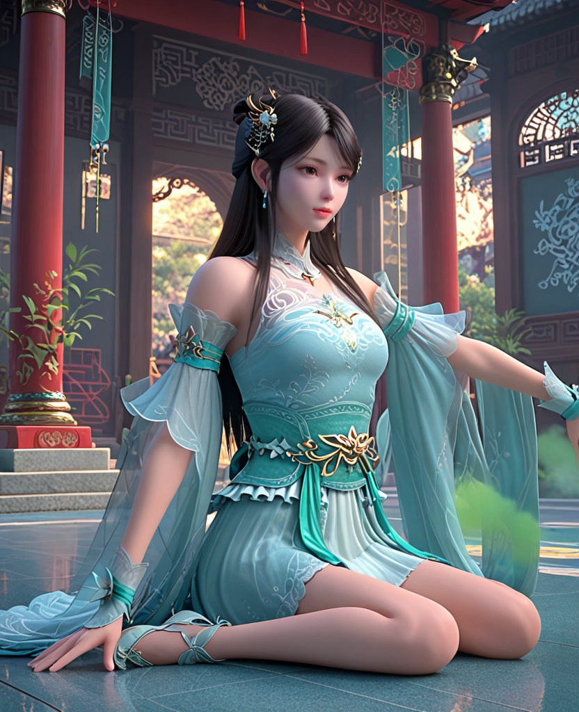 (oriental architecture, elegant decor, sophisticated style:1.1),(practicing gymnastics,floor exercise:1.1),(breasts:1.2),<lora:XL斗破苍穹箫薰儿绿衣:0.95>,miss xuner,aqua dress,see-through fart curtain with white petticoat underneath,brown eyes,black hair,long hair,sash,hair ornament,detached see-through sleeves,earrings,jewelry,bare shoulders,wrist cuffs,, score_9,score_8_up,score_7_up,score_6_up,score_5_up,score_4_up,3d rendering,tag1,tag2, Cinematic Lighting,backlighting,